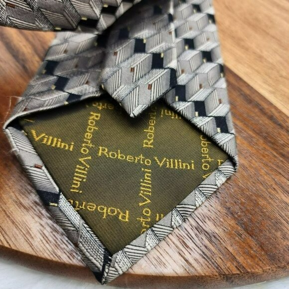 Roberto Villini Collezione Neck Tie Brown Black Tan 100% Silk Handmade 80s Vibes - Picture 4 of 8